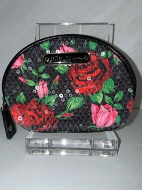 Betsey Johnson Small Sequin Rose Cosmetic Bag Leopard Print Lining Y2K